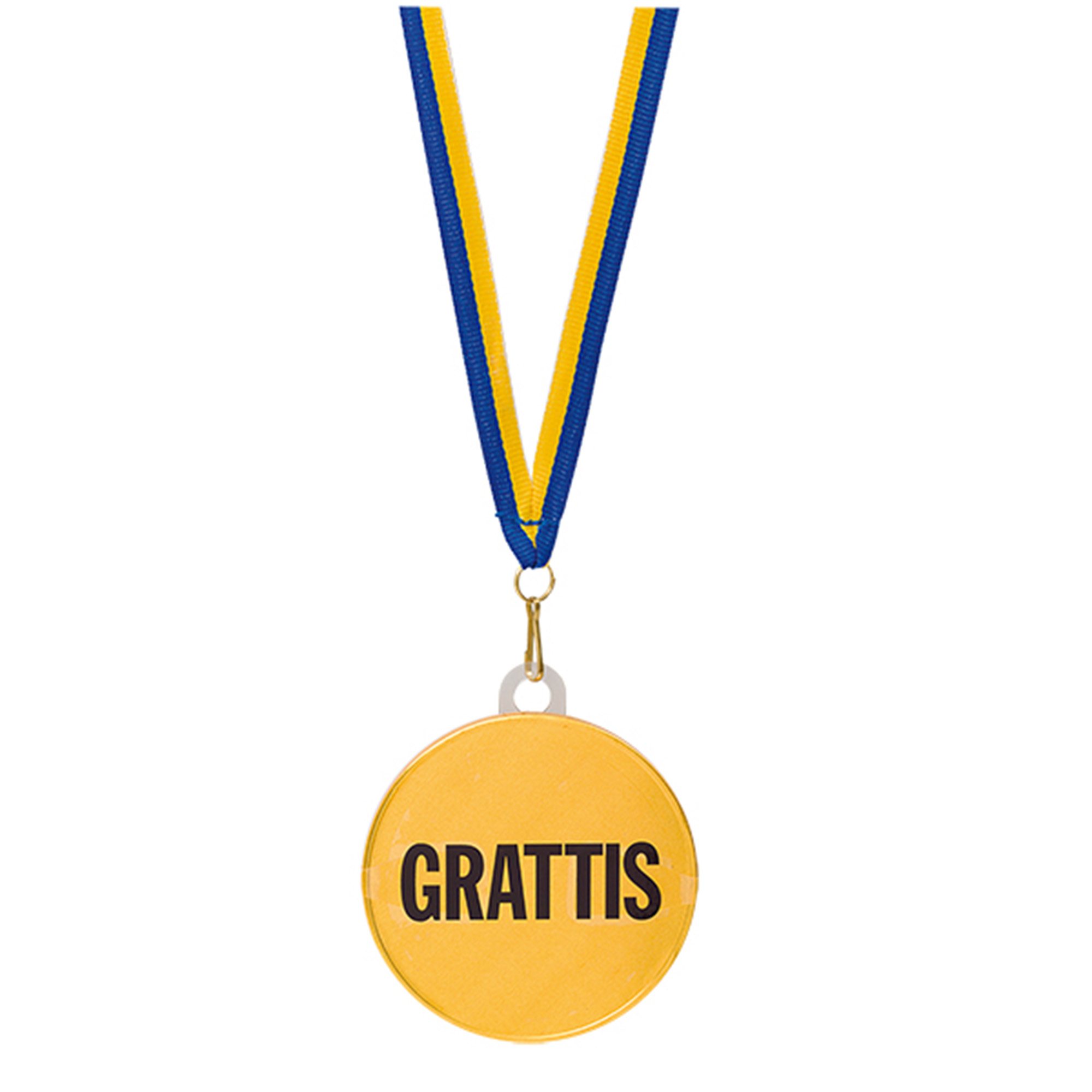 Guldmedalj av choklad med Sverigeband – ”Grattis"