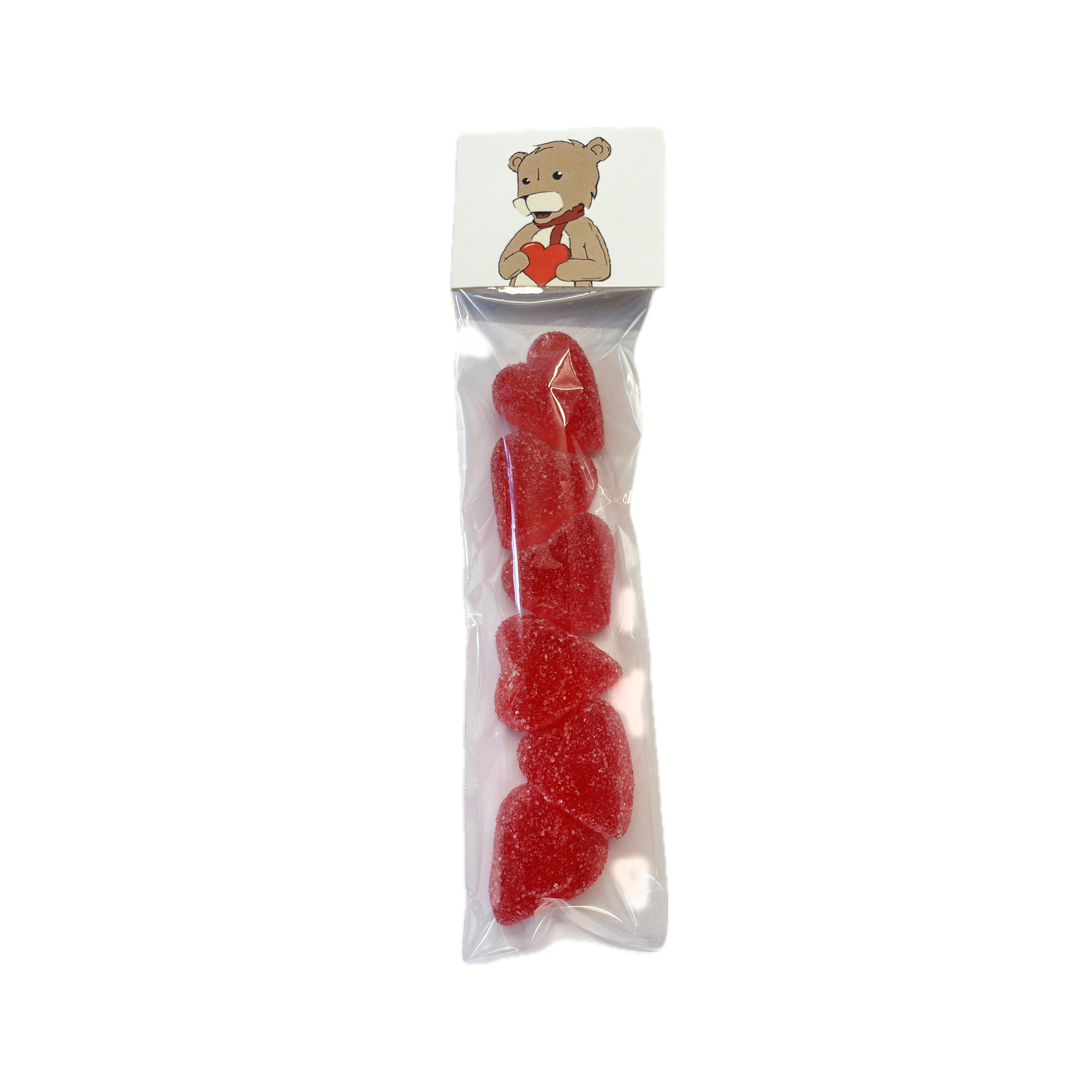 Nalle med hjärta i famn - sockrade söta röda godishjärtan(55 g)