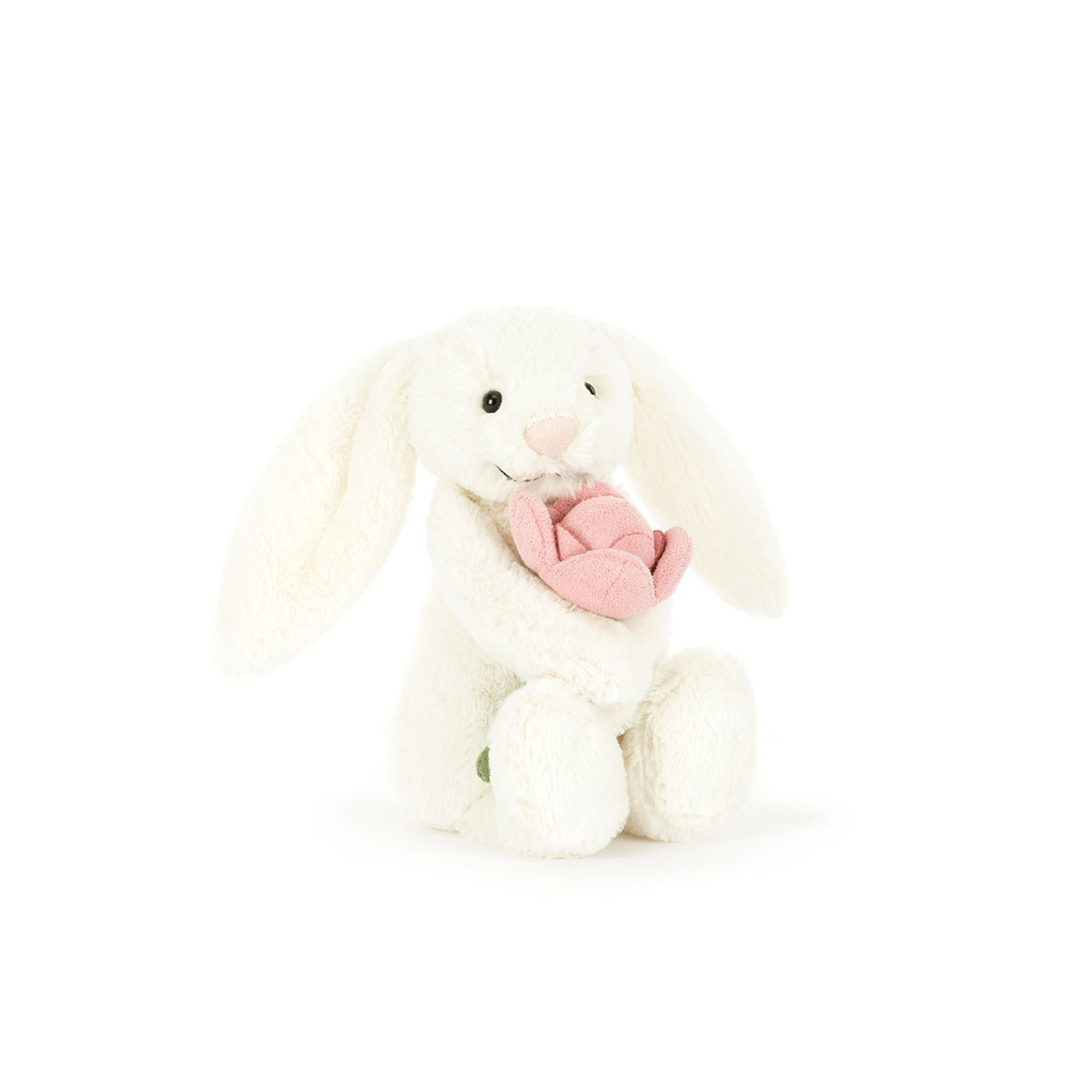 Supermjuk vit gosekanin med tygblomma i famnen från Jellycat