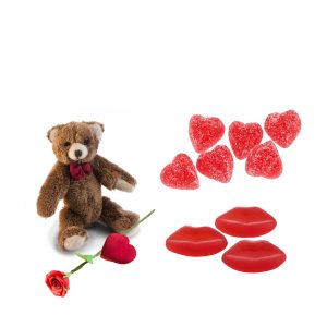 Alla hjärtans dag med Mini-Nallen Oliver och sockerhjärtan, godismunnar, miniatyrros och minityghjärta